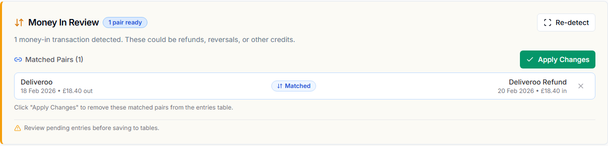 Money In Review panel showing a refund pair, the original expense, and the apply changes action