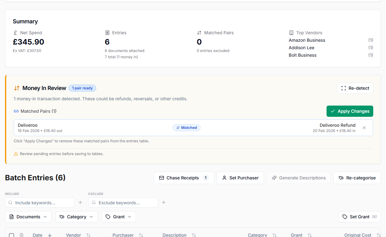 Batch page with the reviewed entries and Save to Tables action ready to use
