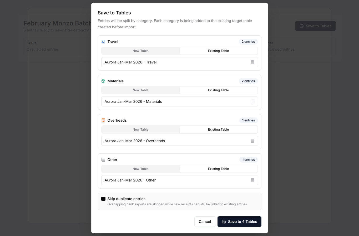 Save to Tables dialog with each active category routed to an existing target table