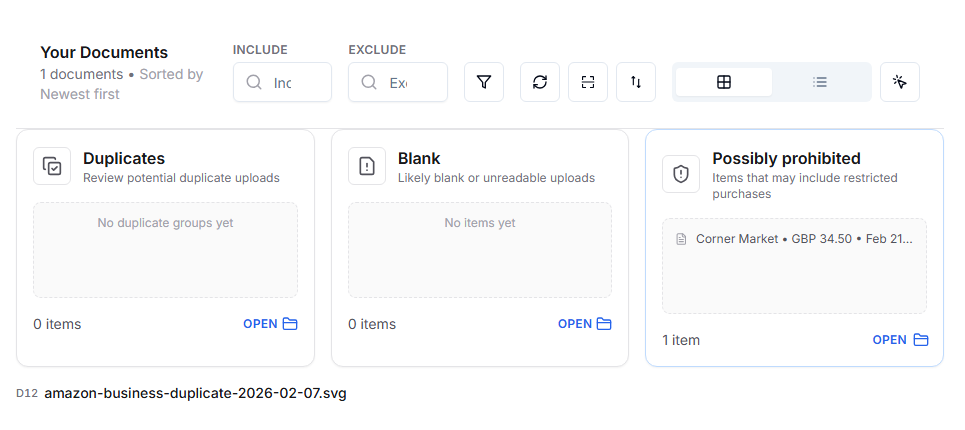 Documents library with search, filters, and unused receipt evidence