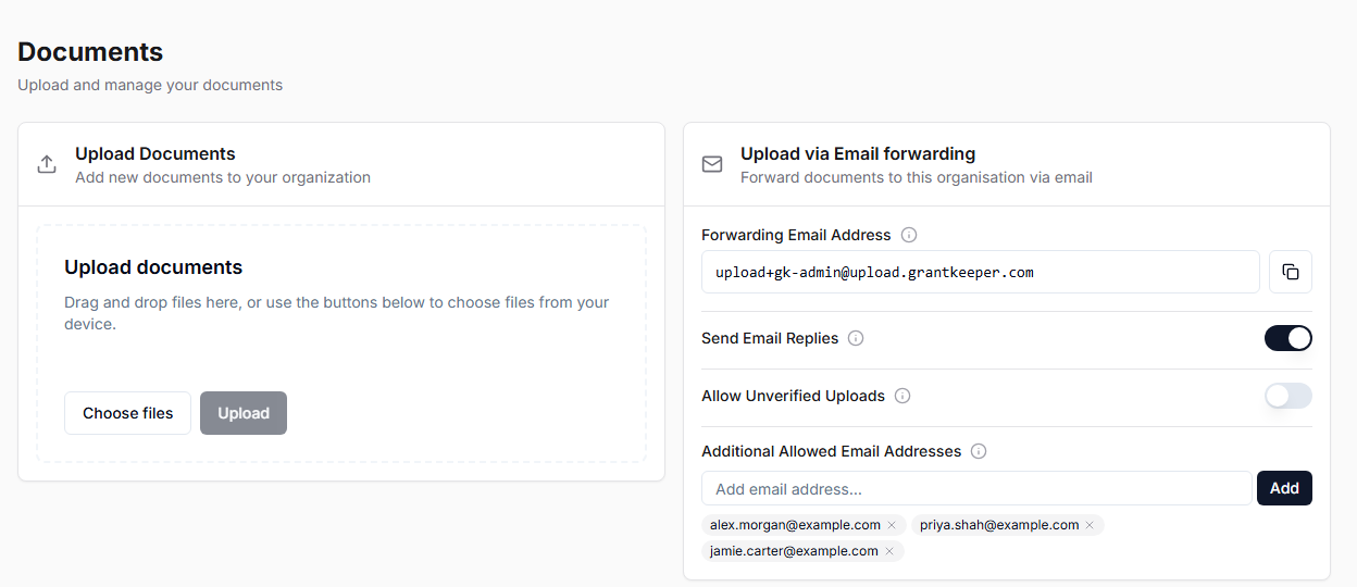 Documents page with manual upload and email forwarding controls