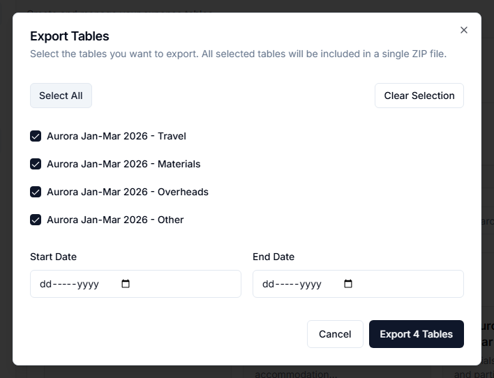 Export Tables dialog with selected category tables and evidence options