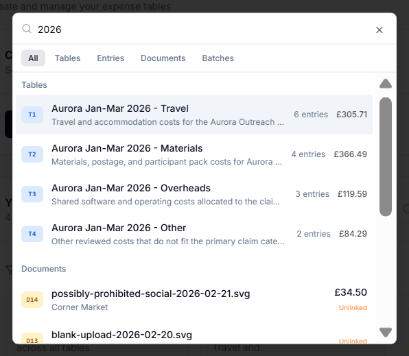 Global search results showing tables, entries, documents, and batches
