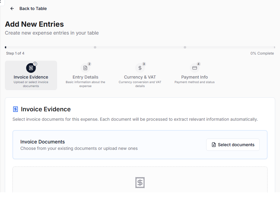 Manual entry wizard with receipt selection and extracted field review