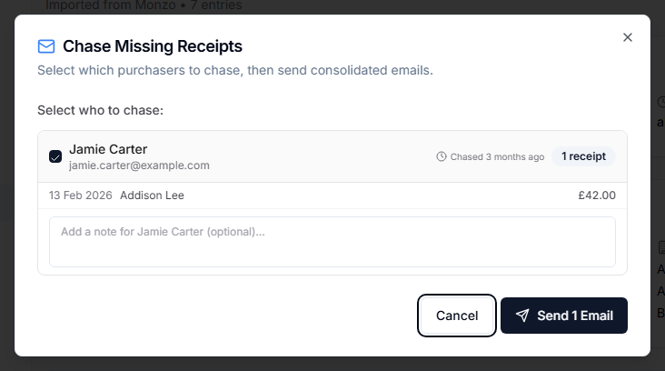 Chase missing receipts view showing grouped missing evidence and the purchaser email preview