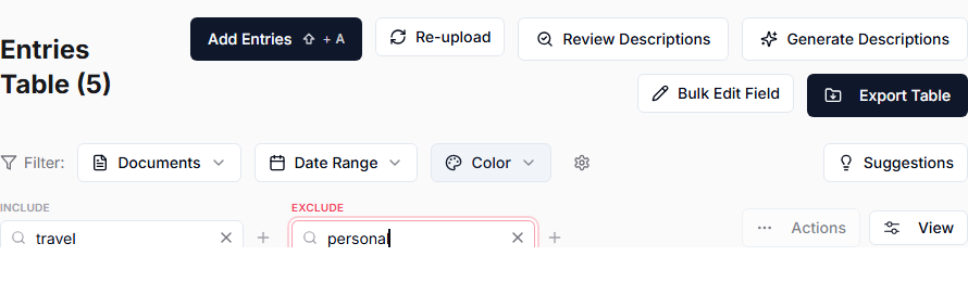 Include and exclude filter example showing travel results while personal items are excluded