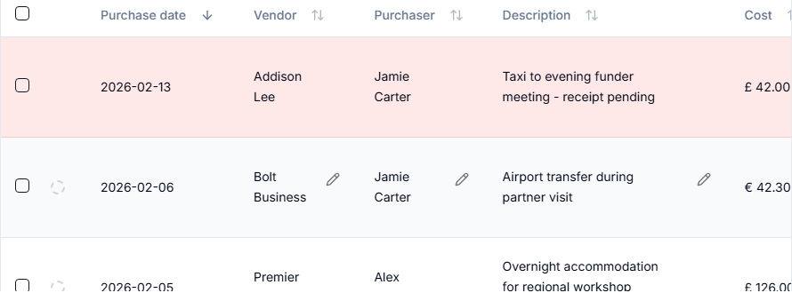 Table detail entries view with editable columns and evidence actions