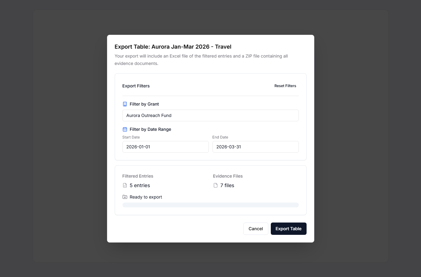Export Table dialog with grant and date filters filled before downloading the evidence pack