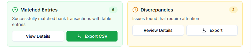 Table reconciliation card showing matched transactions and discrepancies