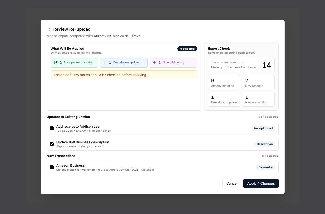 Table Re-upload preview showing selected receipt updates, description changes, and new transactions