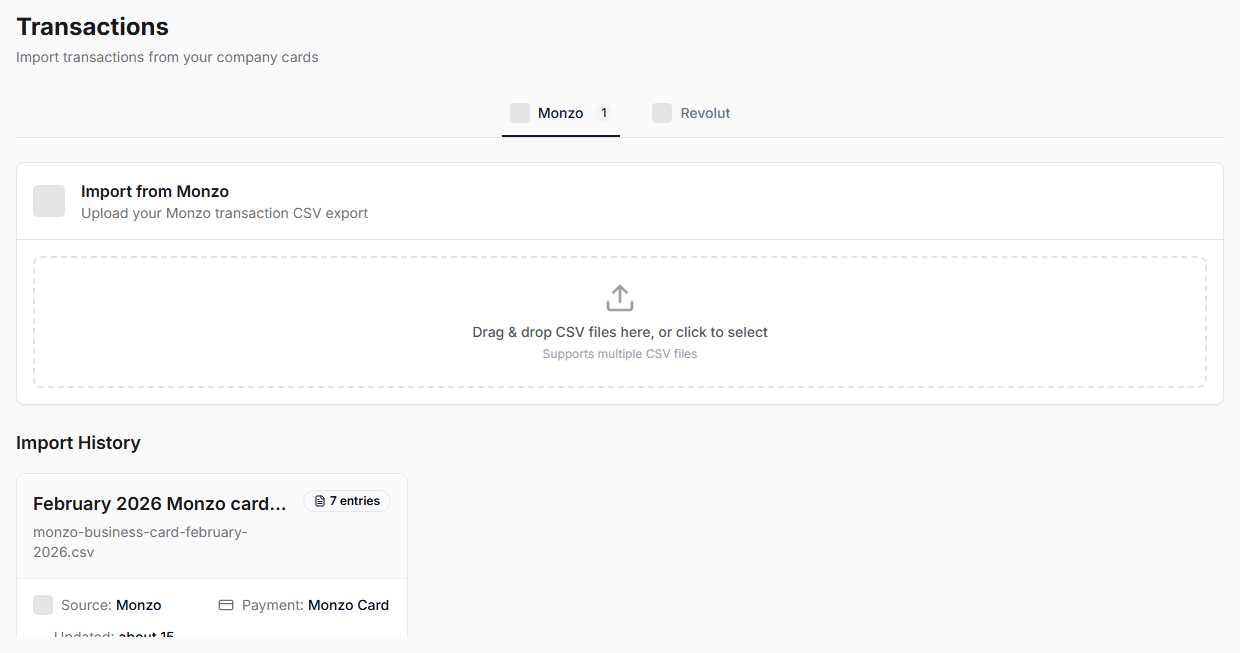 Transactions import history with completed imports ready to open for review